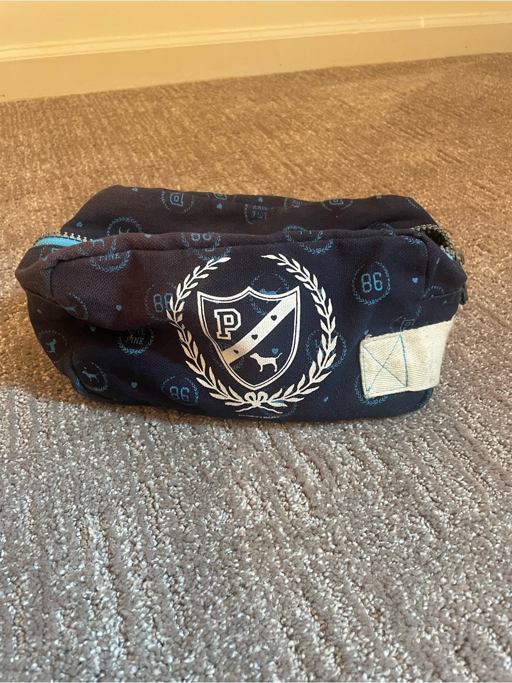 Victoria's Secret Pink Vintage Blue White Makeup Bag Cosmetic Case Pencil Pouch